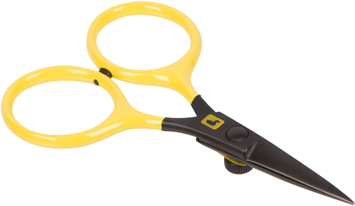 Saks med gule fingerringe, sorte spidse blade og en rund skrue ved samlingen.
