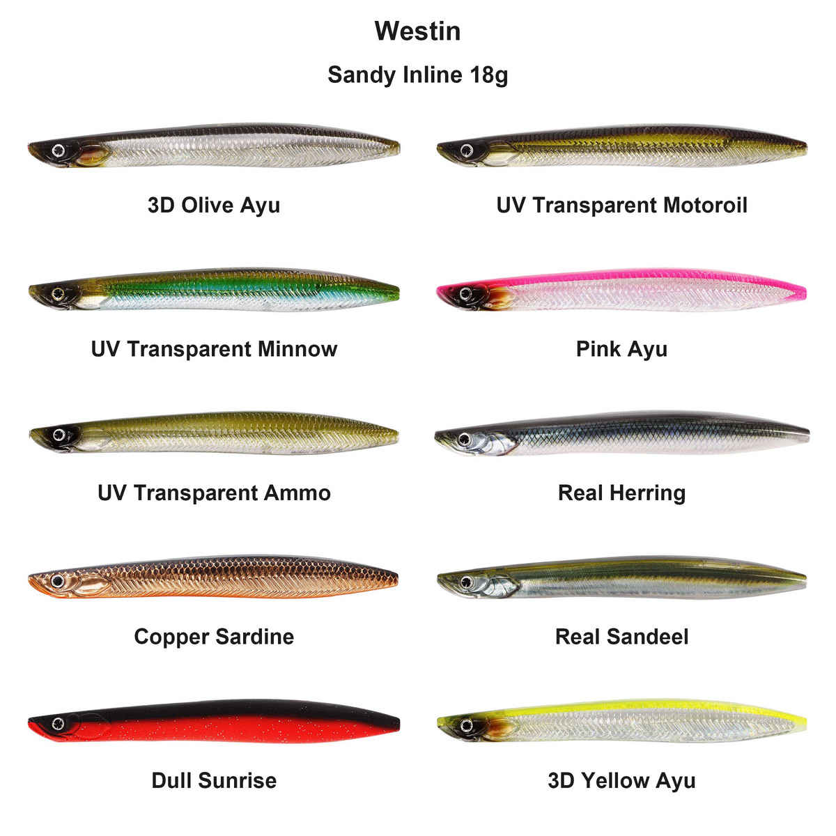 Farveoversigt – Westin Sandy Inline 18g
