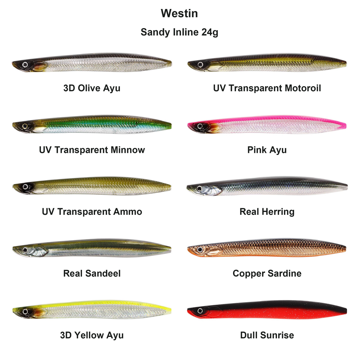Farveoversigt – Westin Sandy Inline 24g