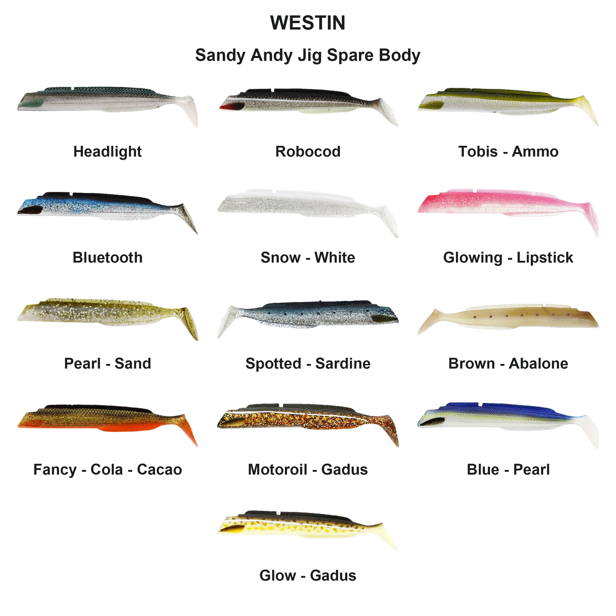 Farveoversigt – Sandy Andy Jig Spare Body
