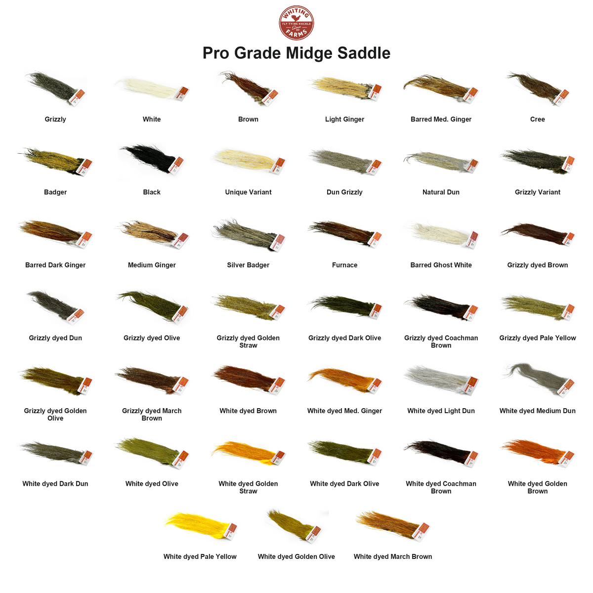Farveoversigt – Whiting Pro Grade Midge Saddle